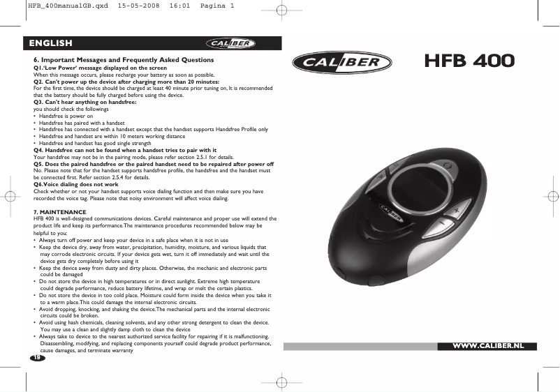 Page 1 of the manual User Manual Caliber HFB 400