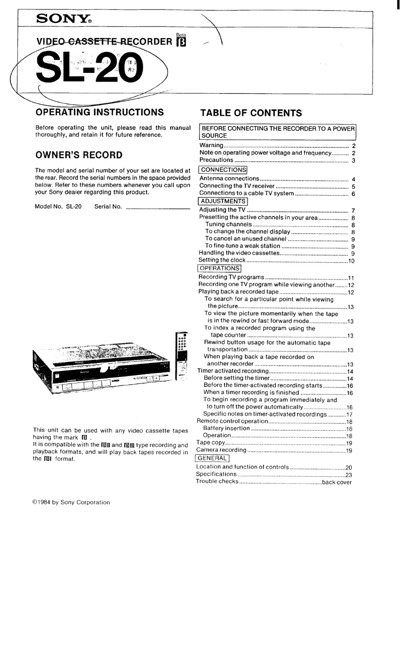 First page image of the manual for SL-20