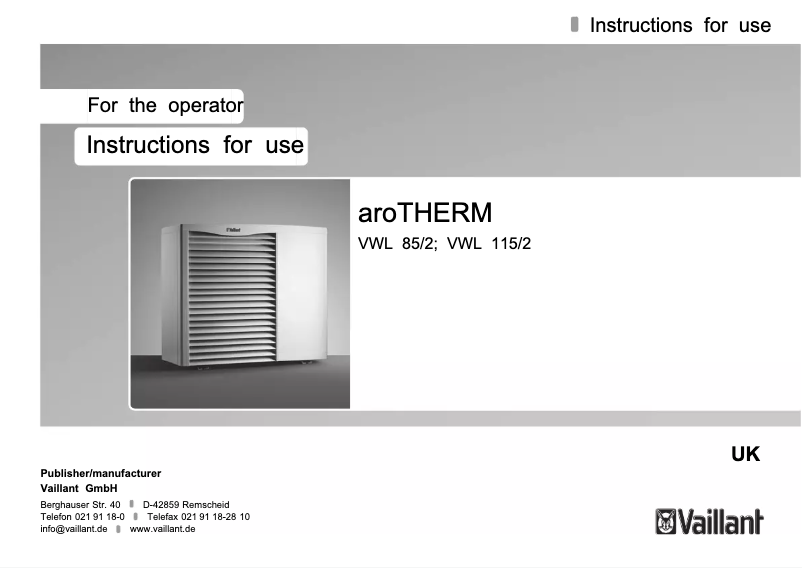 Page 1 of the manual User Manual Vaillant AroTHERM VWL 85/2
