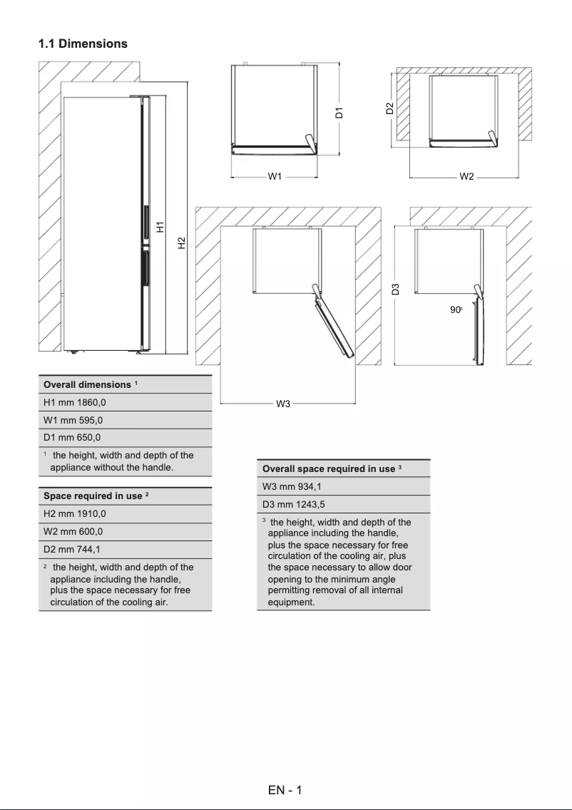 Page 1 of the manual Technical Drawing Cylinda KF2385XLFRFVE