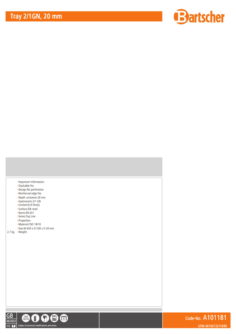 Page 1 of the manual Technical Sheet Bartscher 2952291