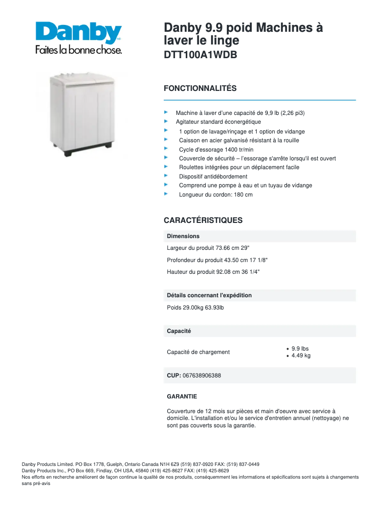 Page 1 of the manual Technical Sheet Danby DTT100A1WDB