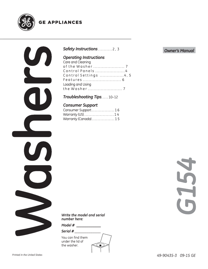 First page image of the manual for GLWN2800DWS