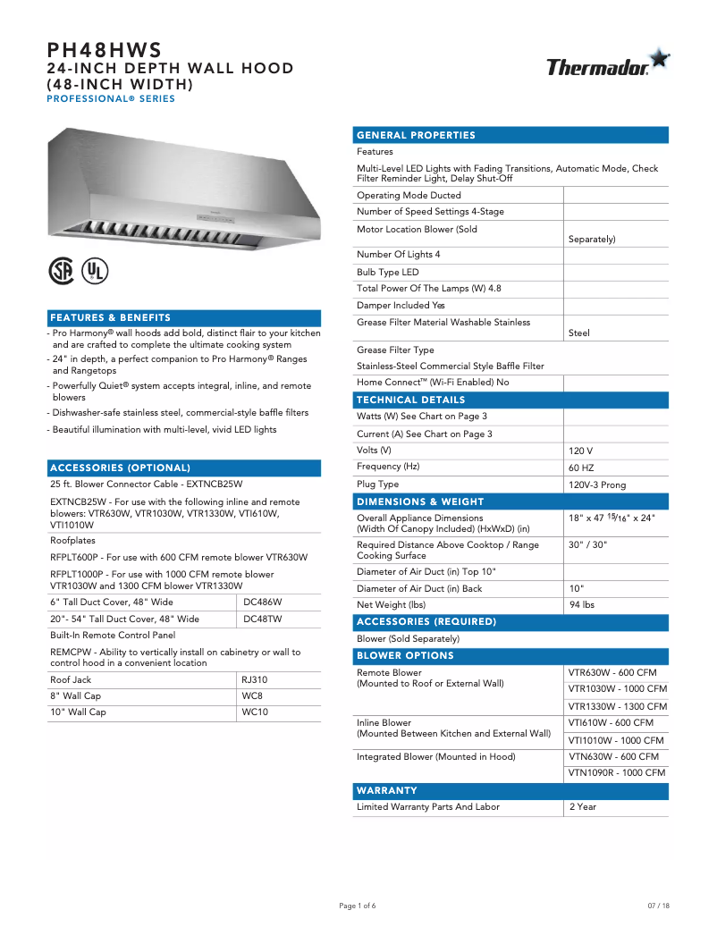 Page 1 of the manual Technical Sheet Thermador PH48GWS