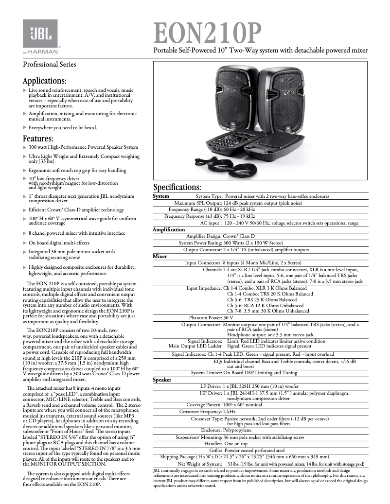 Page 1 of the manual Technical Sheet JBL EON 210P