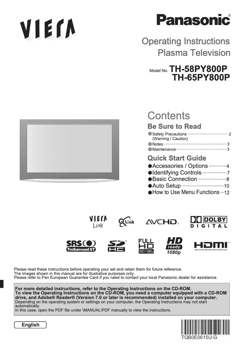 First page image of the manual for Viera TH-65PY800P