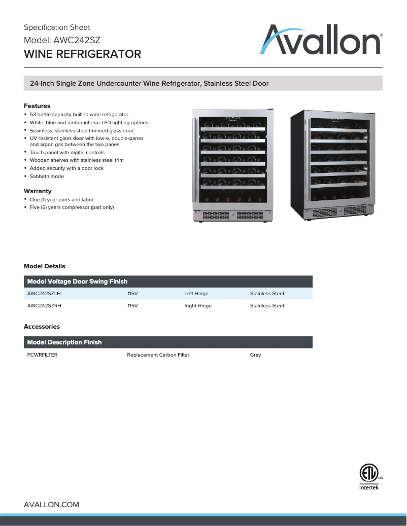 Page 1 of the manual Technical Sheet Avallon AWC242SZ