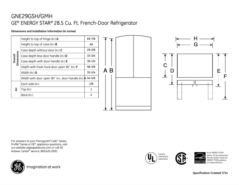 Page 1 of the manual Technical Sheet GE GNE29GSHSS