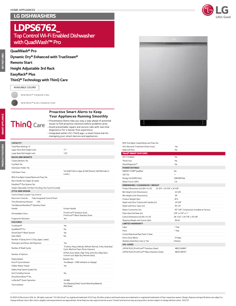 Page 1 of the manual Technical Sheet LG LDPS6762S