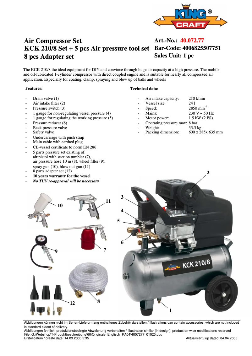 First page image of the manual for KCK 210/8