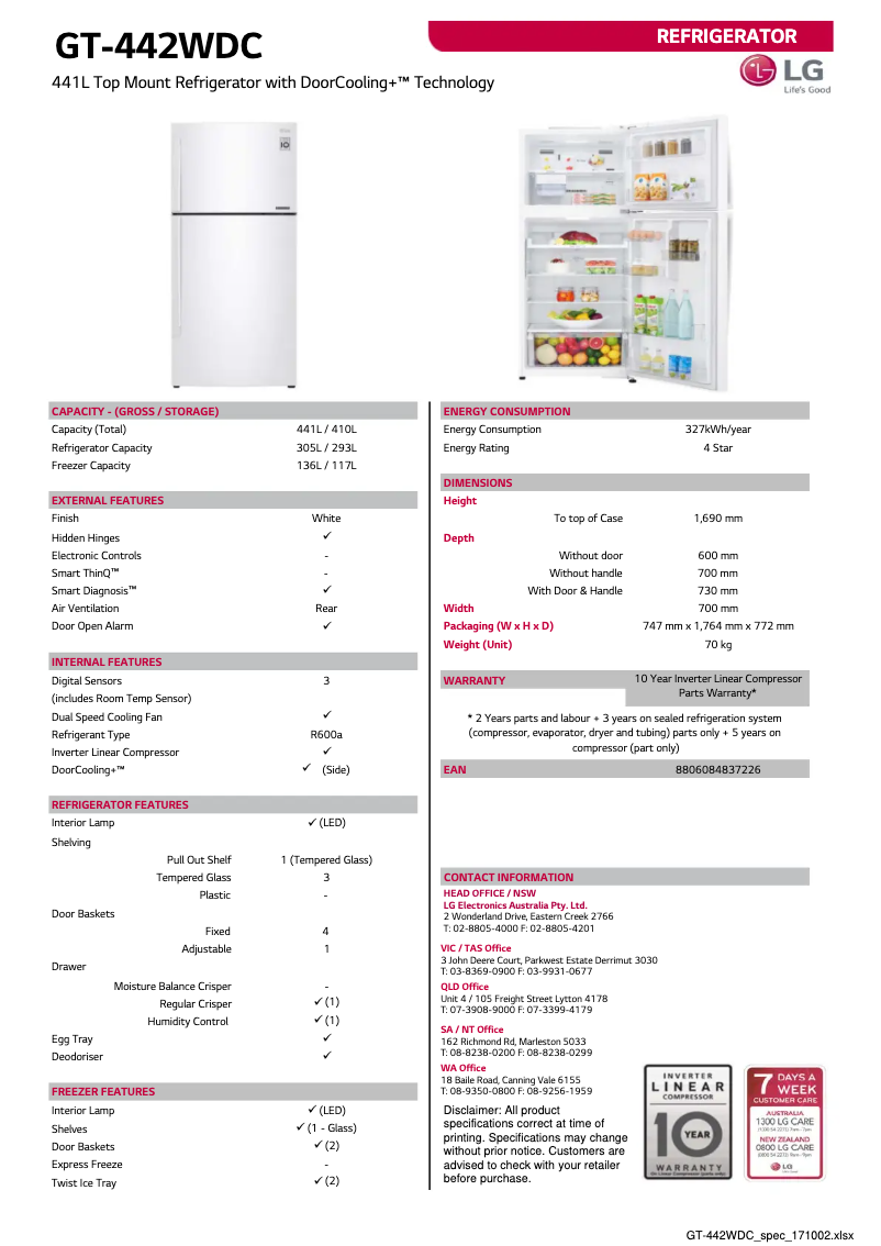 Page 1 of the manual Technical Sheet LG GT-442WDC