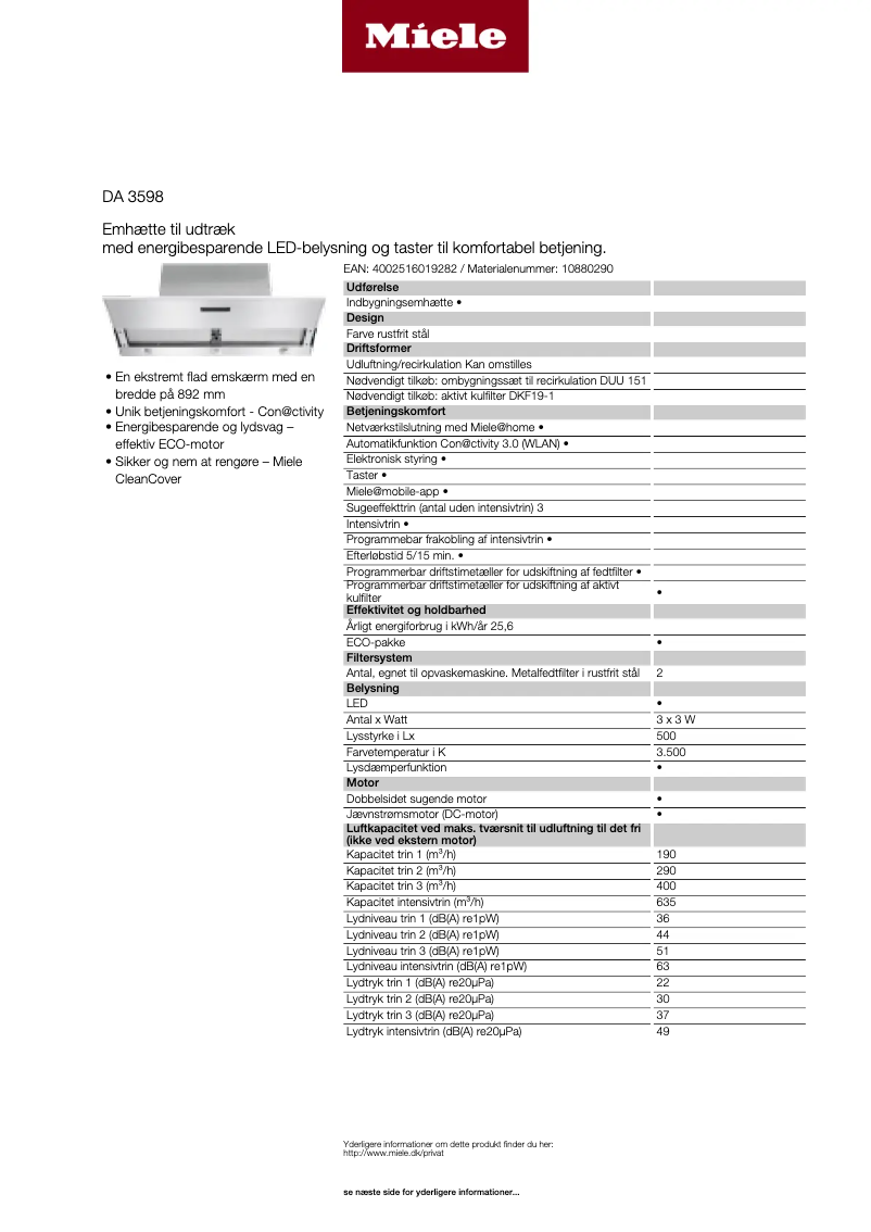 Page 1 of the manual Technical Sheet Miele DA 3598