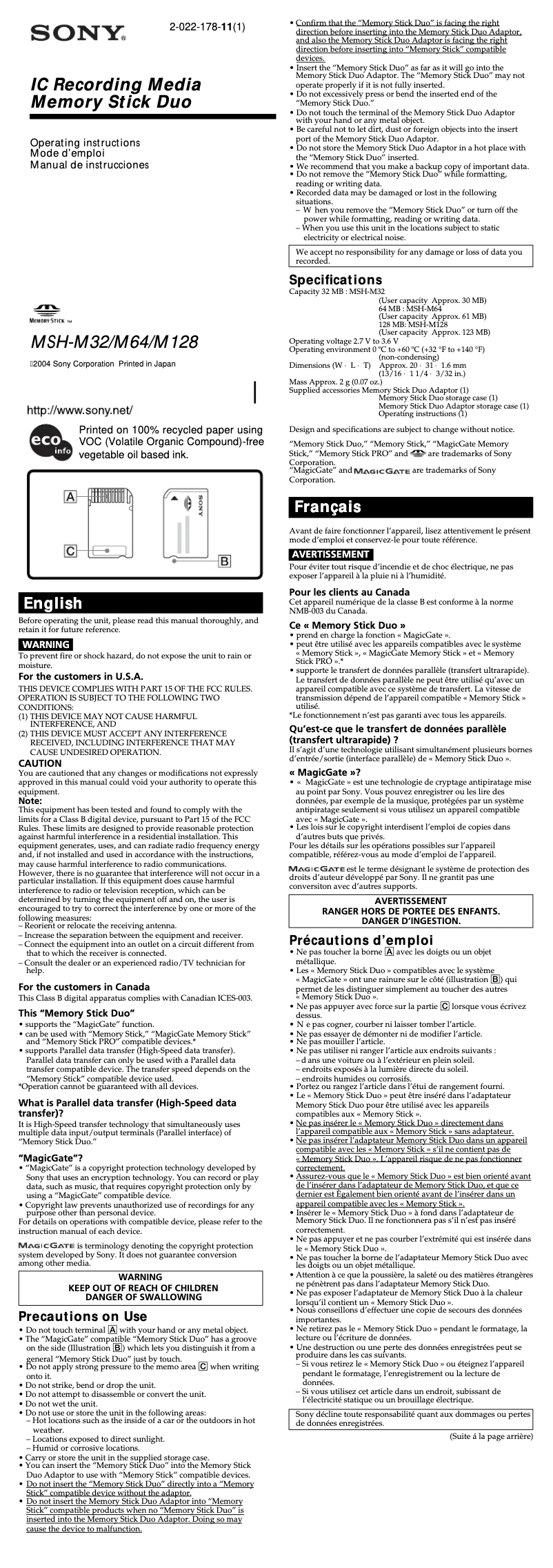Page 1 of the manual User Manual Sony MSH-M64A