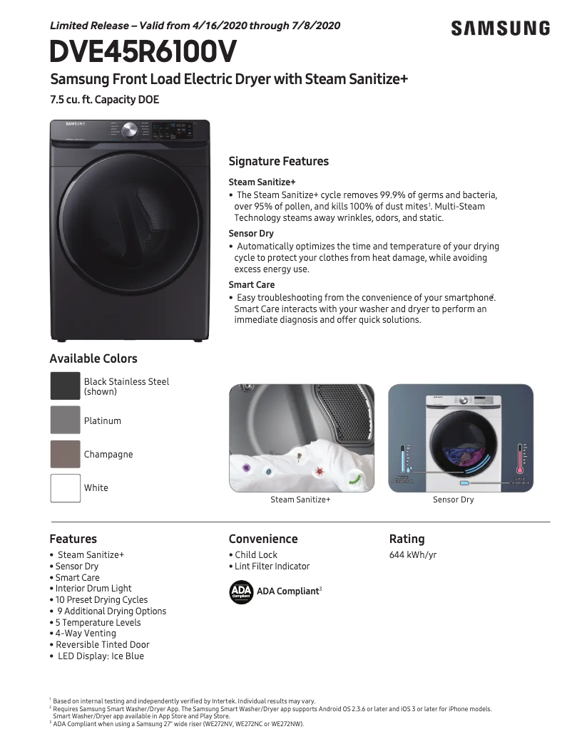 Page 1 of the manual Technical Sheet Samsung DVE45R6100V/A3
