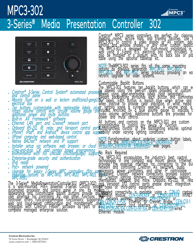 Page 1 of the manual Technical Sheet Crestron MPC3-302-B