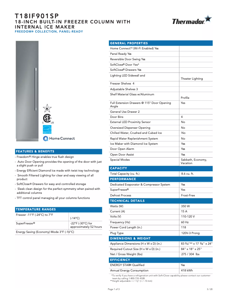 Page 1 of the manual Technical Sheet Thermador T18IF901SP