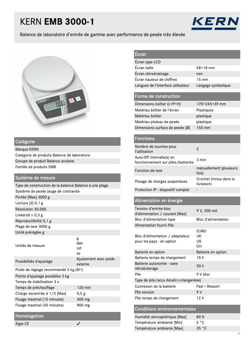Page 1 of the manual Technical Sheet Kern EMB 3000-1