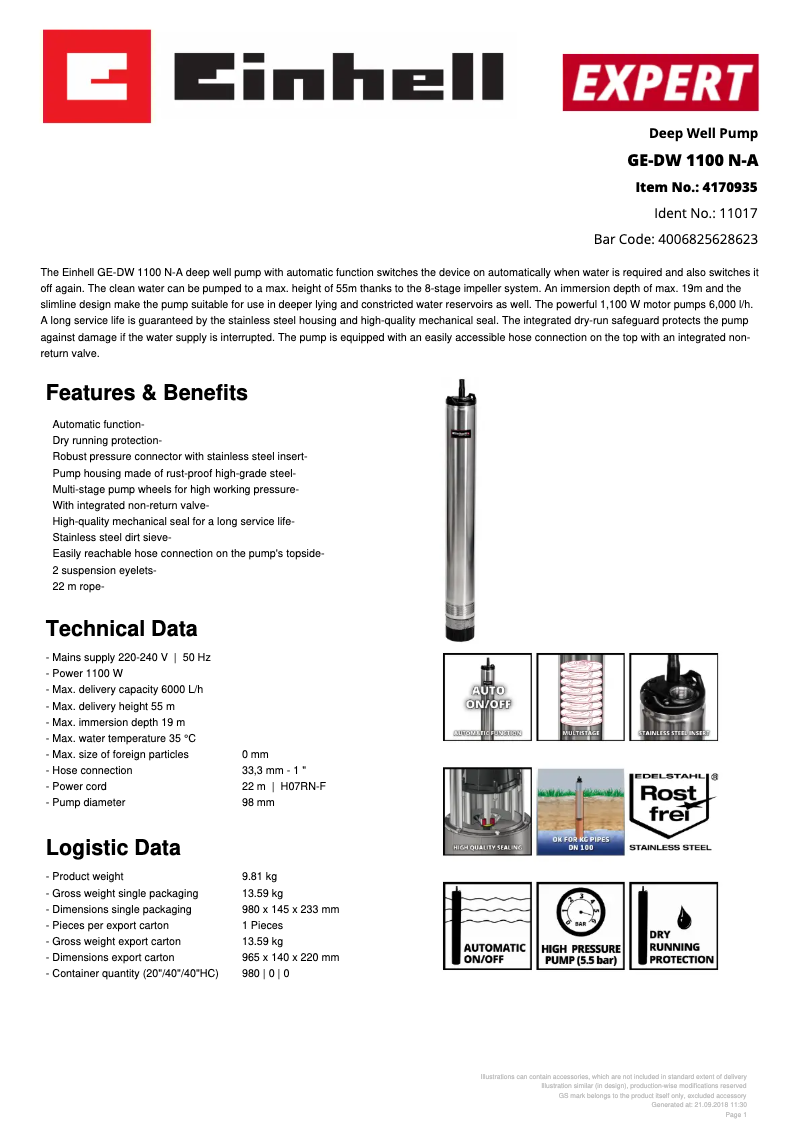 Page 1 of the manual Technical Sheet Einhell GE-DW 1100 N-A