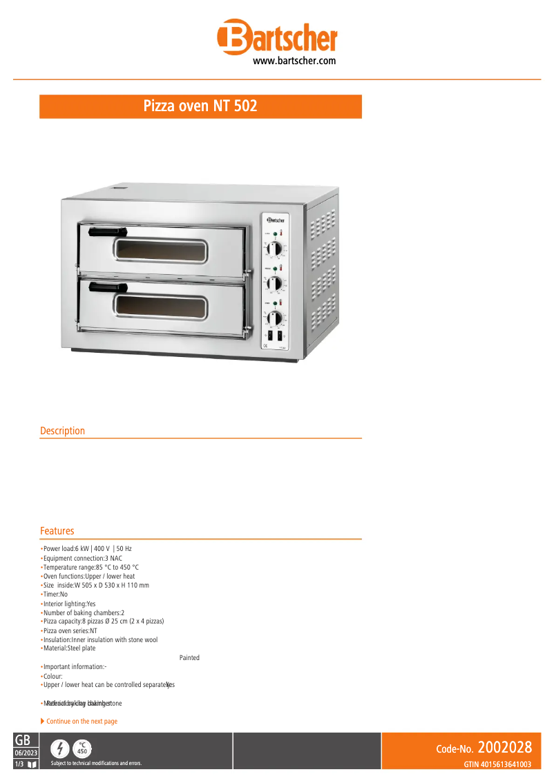 Page 1 of the manual Technical Sheet Bartscher NT 502