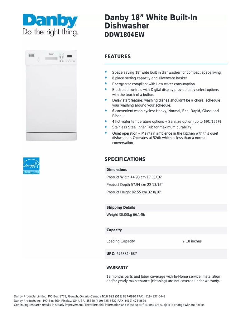 First page image of the manual for DDW1804EW