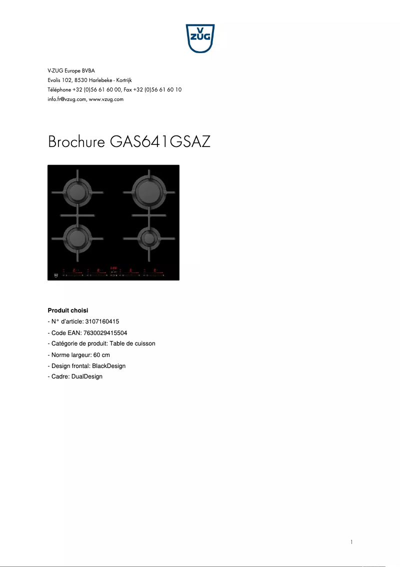 Page 1 of the manual Brochure V-Zug GAS641GSAZ