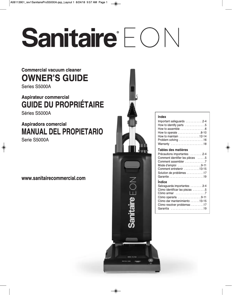 Page 1 of the manual User Manual Sanitaire EON S5000A