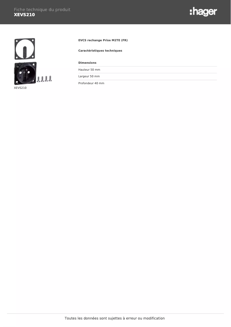 Page 1 of the manual Technical Sheet Hager XEVS210