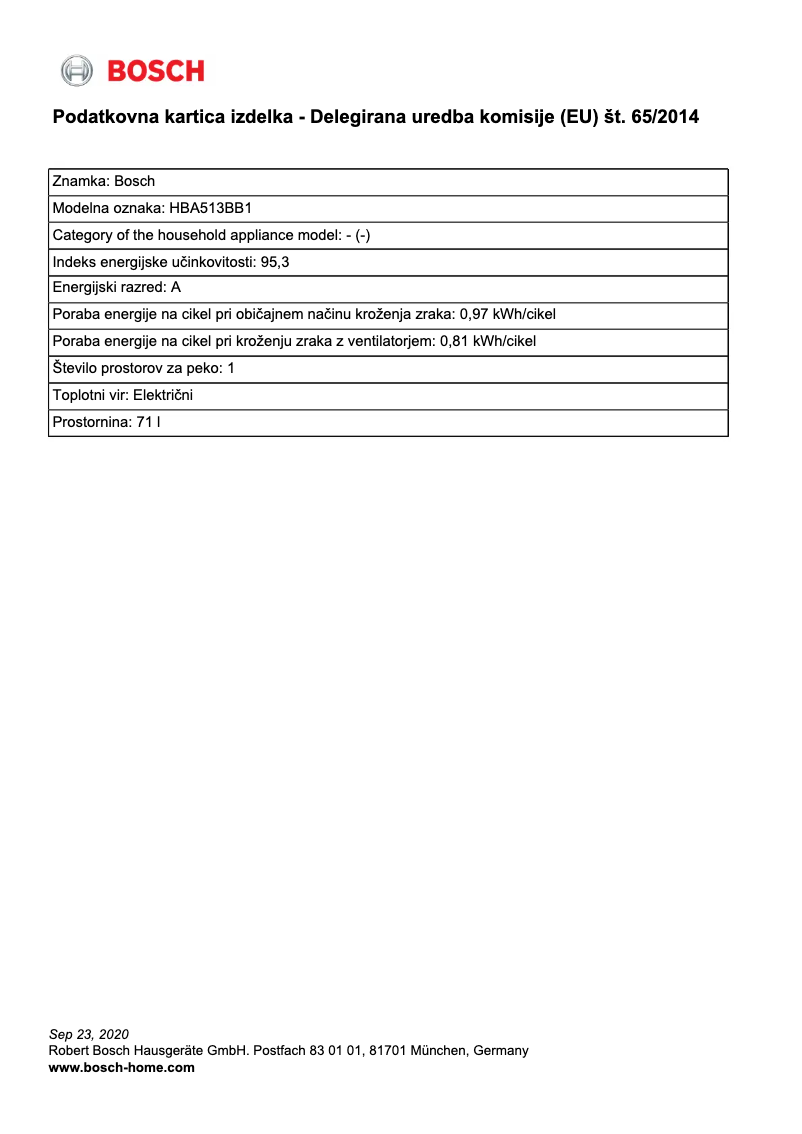 Page 1 of the manual Technical Sheet Bosch HBA513BB1