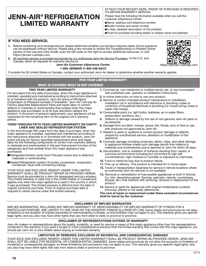 Page 1 of the manual Warranty Information JennAir JUD24FRERS