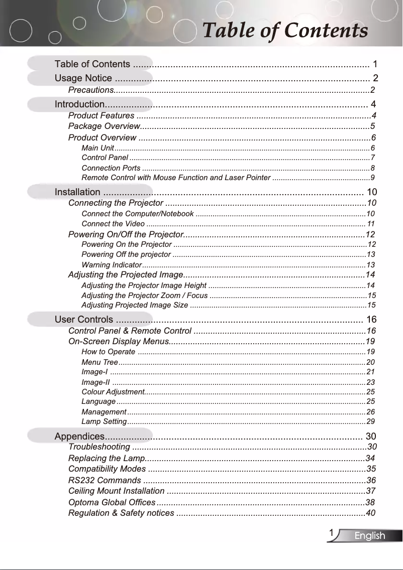 Page 1 of the manual User Manual Optoma EP773