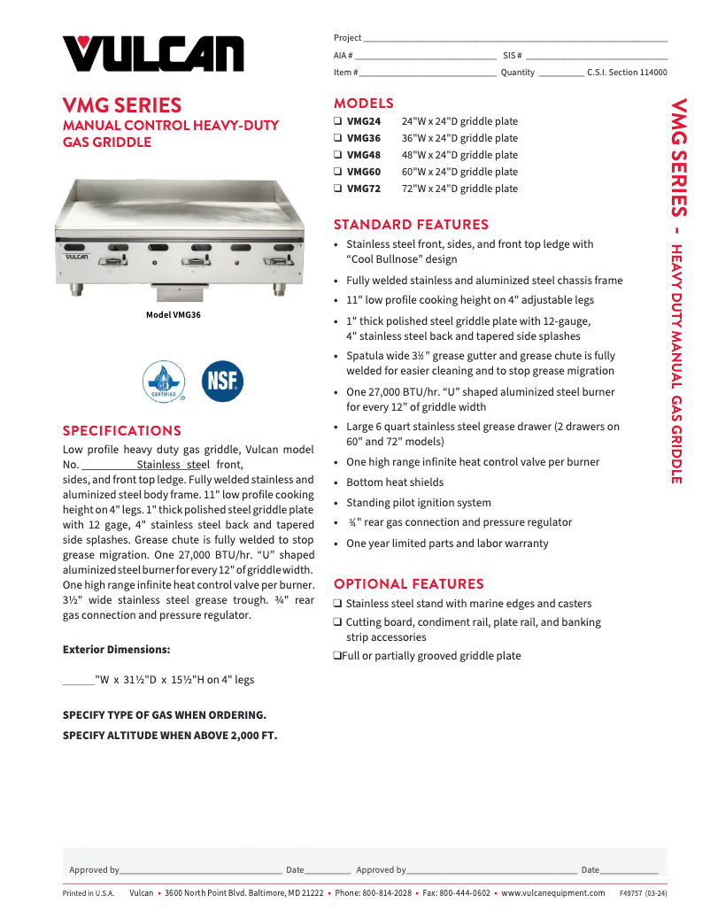Page 1 of the manual Technical Sheet Vulcan VMG24