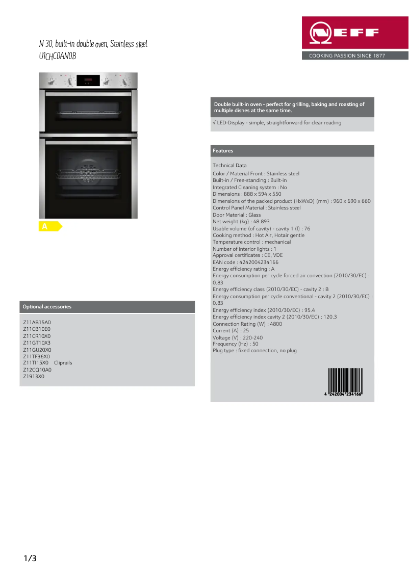 Page 1 of the manual Technical Sheet Neff U1CHC0AN0B