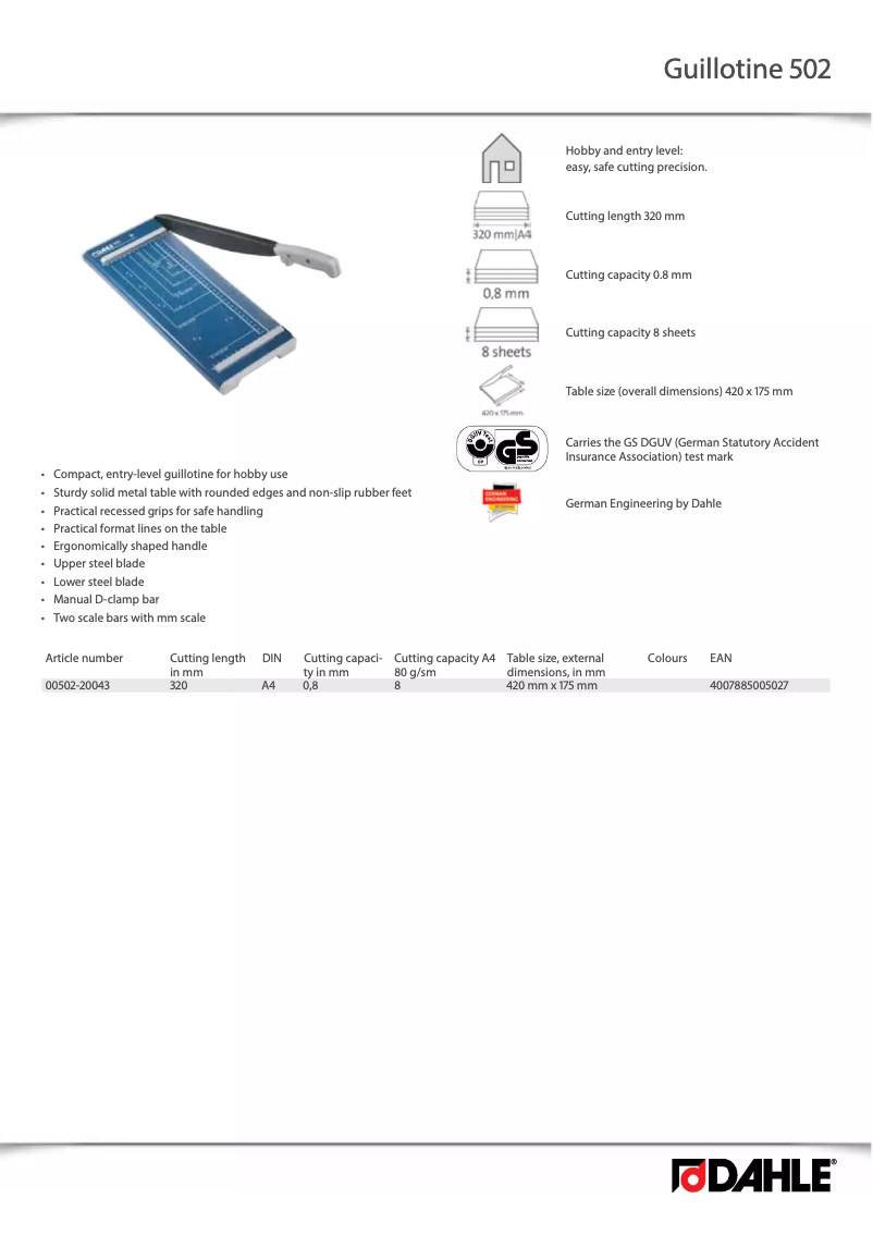 First page image of the manual for Guillotine 502