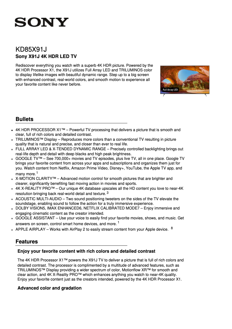 Page 1 of the manual Technical Sheet Sony KD-85X91J