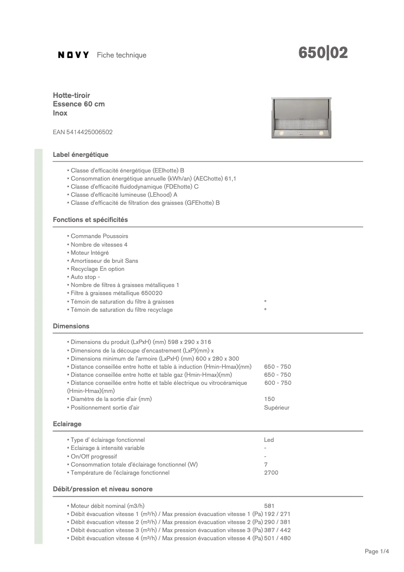 Page 1 of the manual Technical Sheet Novy Essence 650