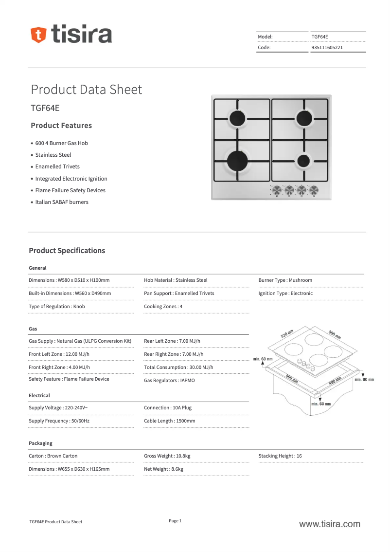 Page 1 of the manual Technical Sheet Tisira TGF64E