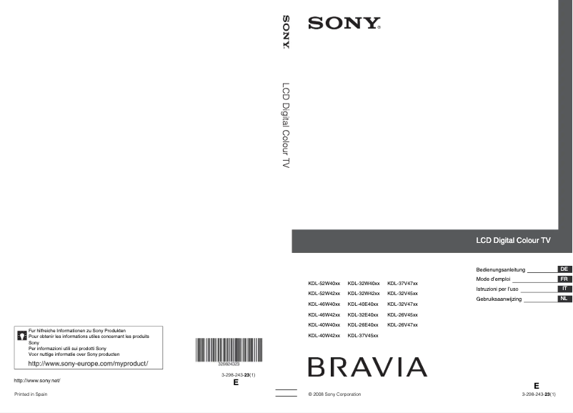 Page 1 of the manual User Manual Sony Bravia KDL26E4000E