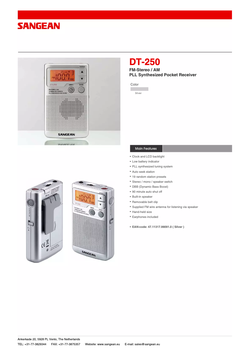 Page 1 of the manual Technical Sheet Sangean DT-250