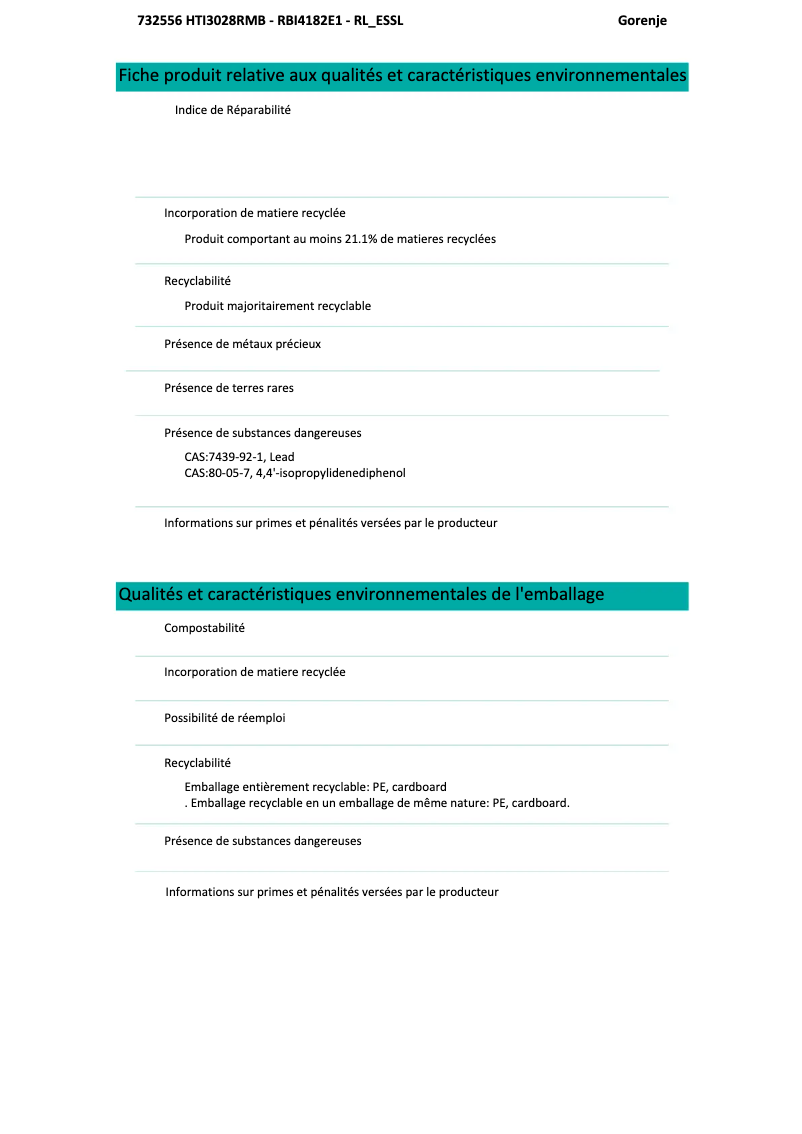Page 1 of the manual Technical Sheet Gorenje RBI4182E1