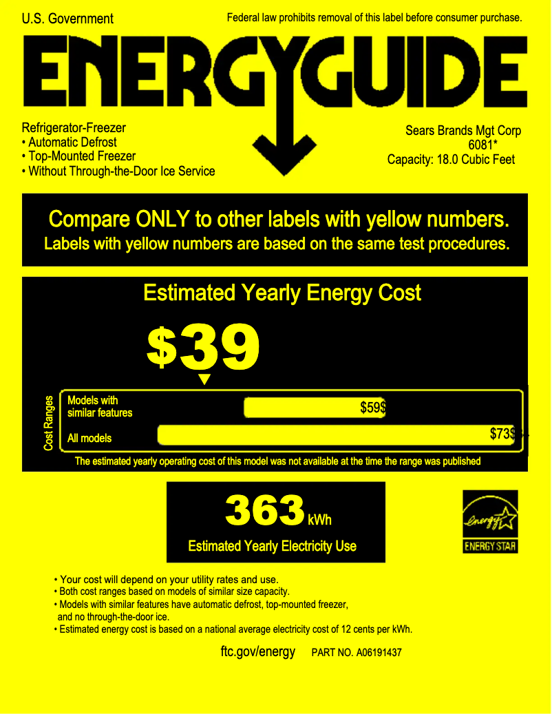 Page 1 of the manual Energy Label Kenmore 60812