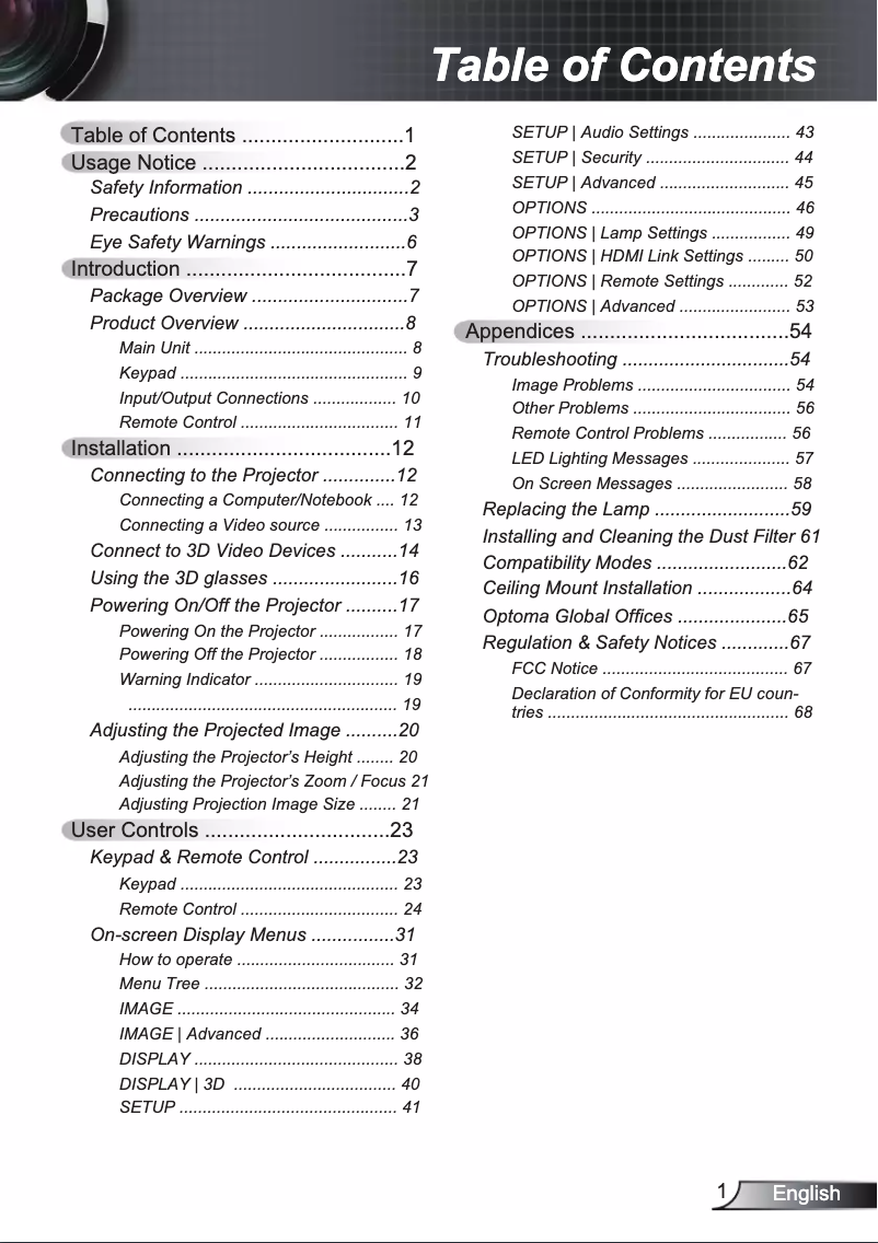 Page 1 of the manual User Manual Optoma EH200STP