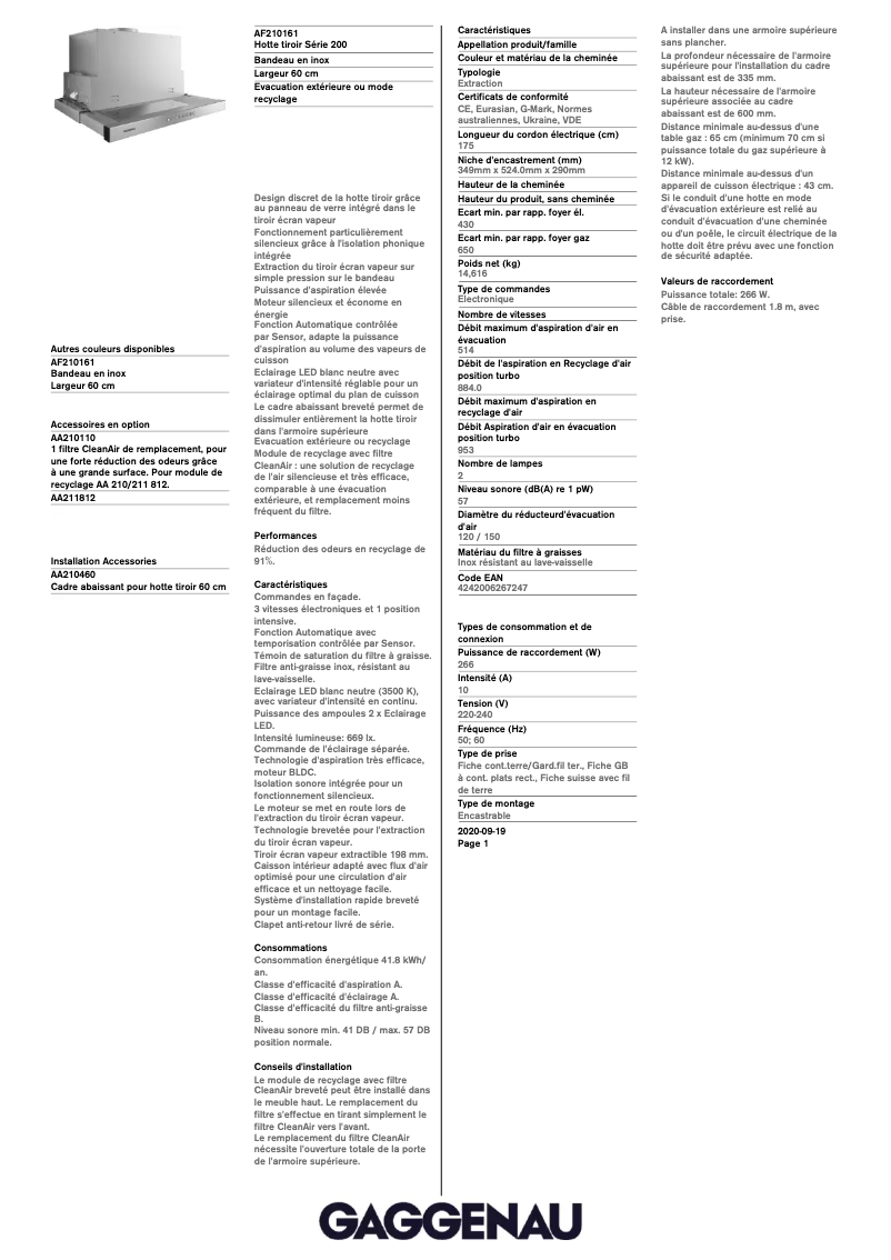 Page 1 of the manual Technical Sheet Gaggenau AF210161