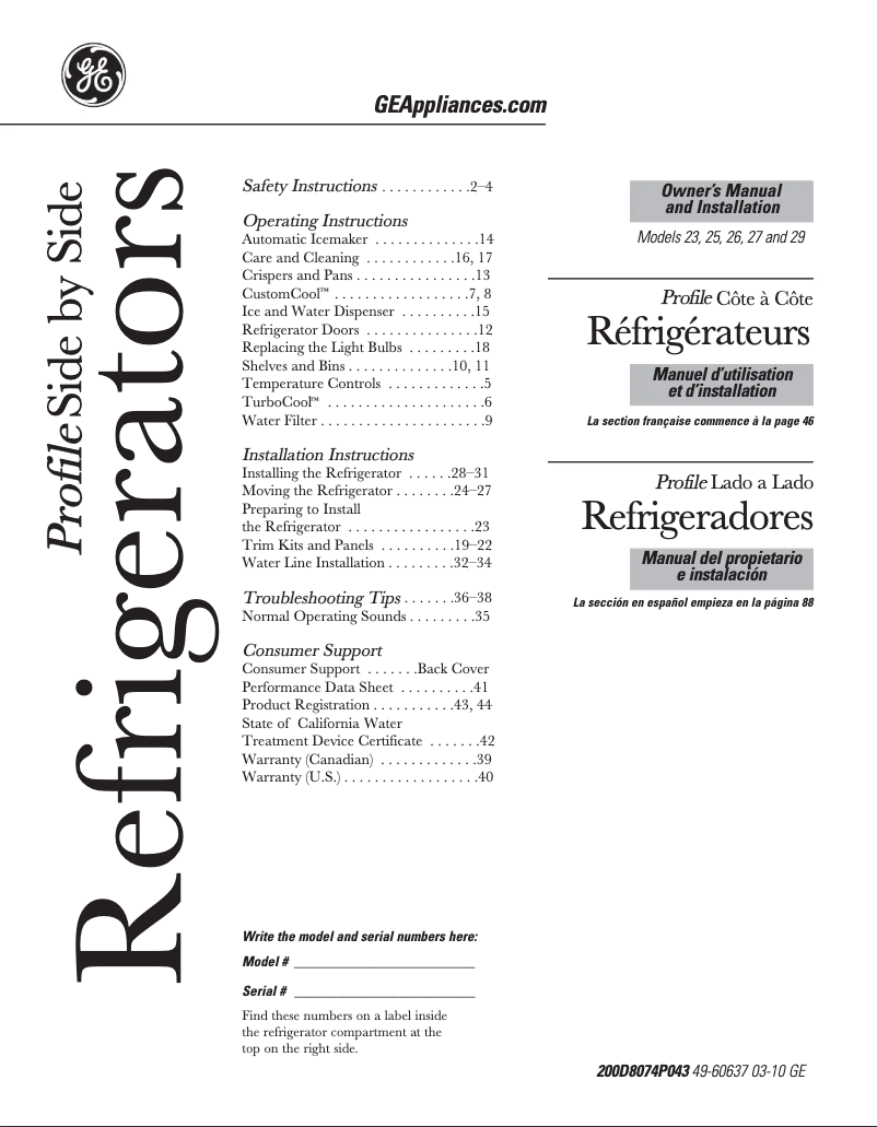 Page 1 of the manual User Manual GE PSSF3RGZBB