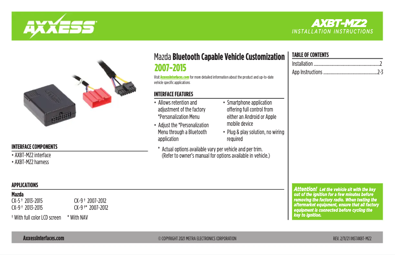 Page 1 of the manual User Manual AXESS AXBT-MZ2