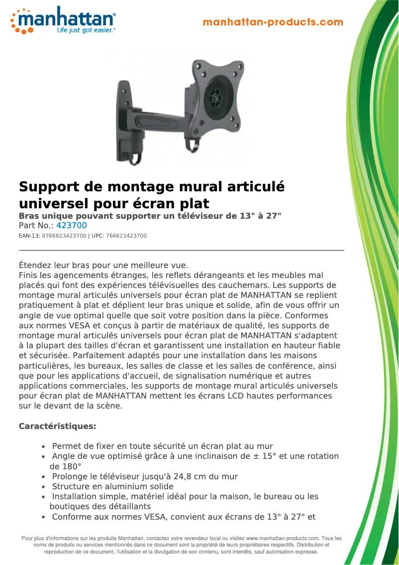 Page 1 de la notice Fiche technique Manhattan 423700
