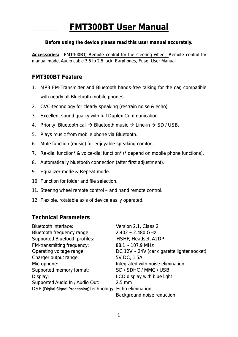 First page image of the manual for FMT300BT