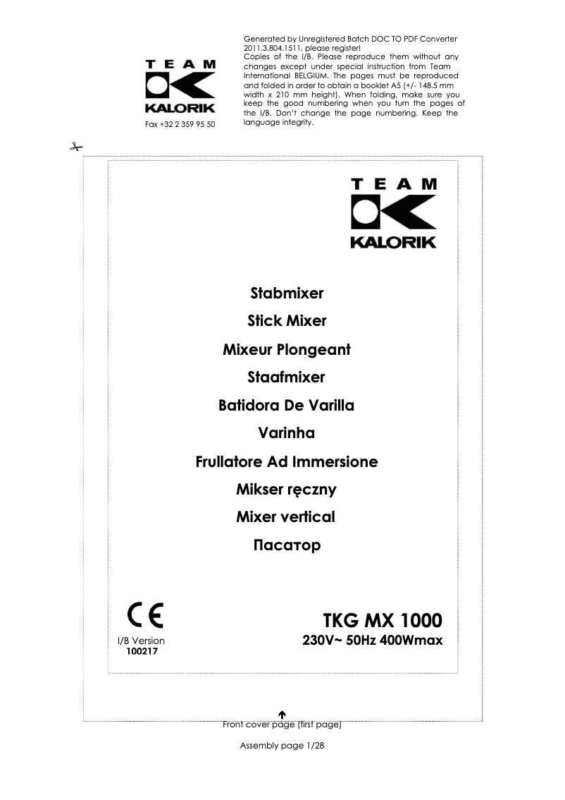 First page image of the manual for TKG MX 1000