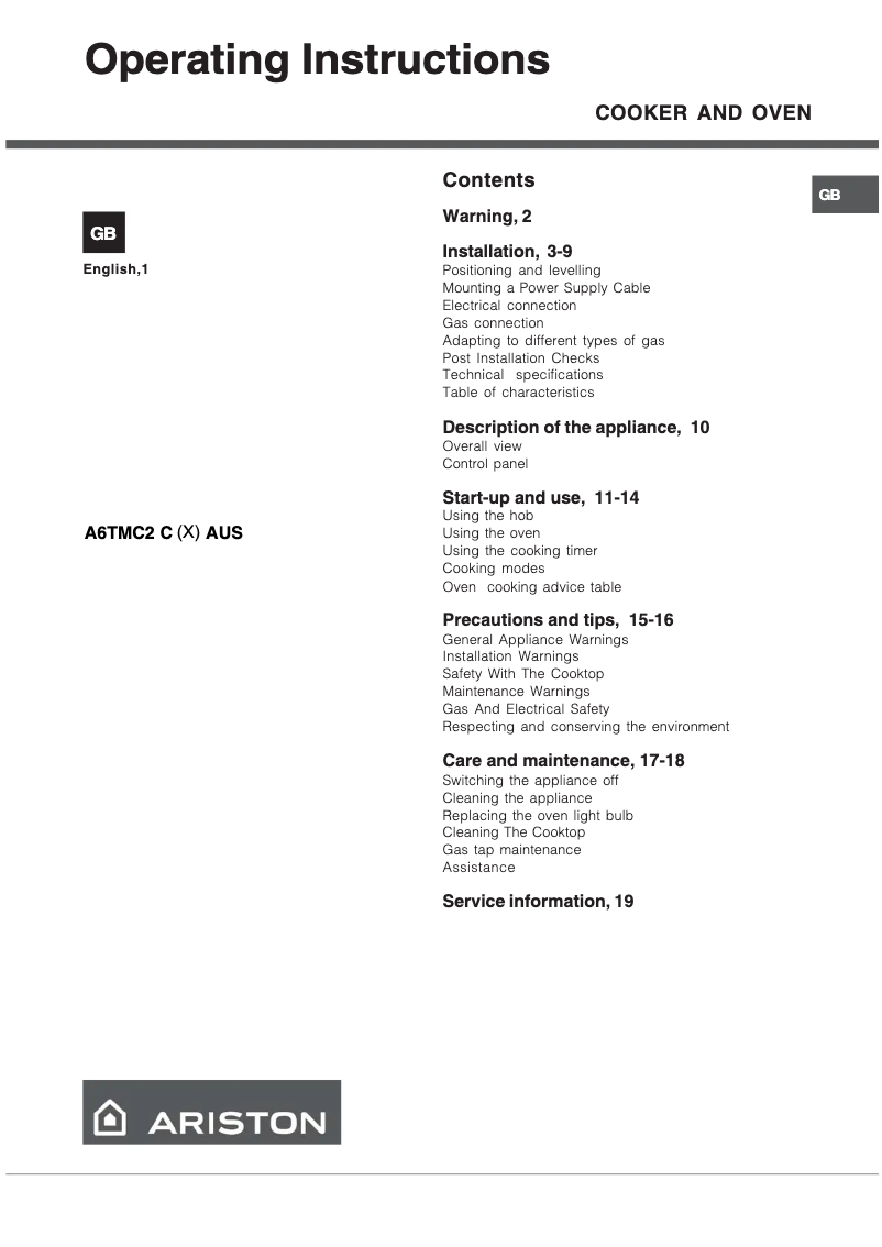 Page 1 of the manual User Manual Ariston Thermo A6TMC2CXAUS