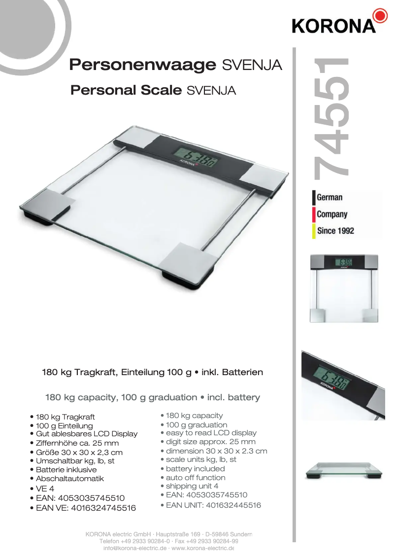 Page 1 de la notice Fiche technique Korona Svenja 74551