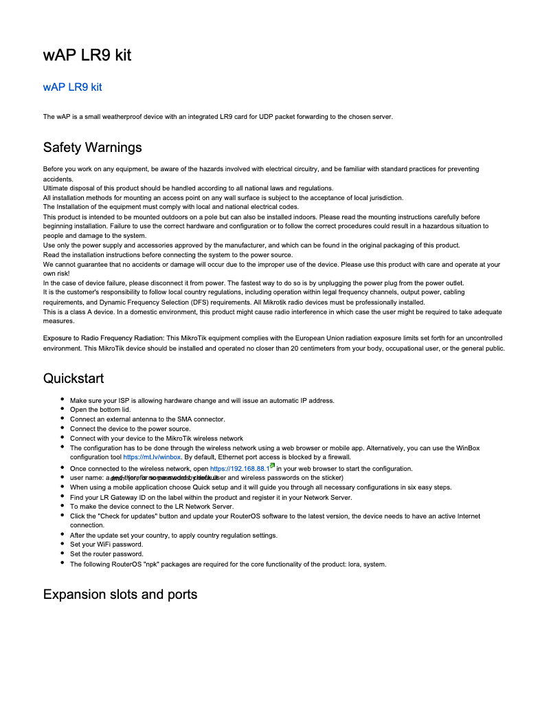 Page 1 of the manual User Manual Mikrotik wAP LR9 kit
